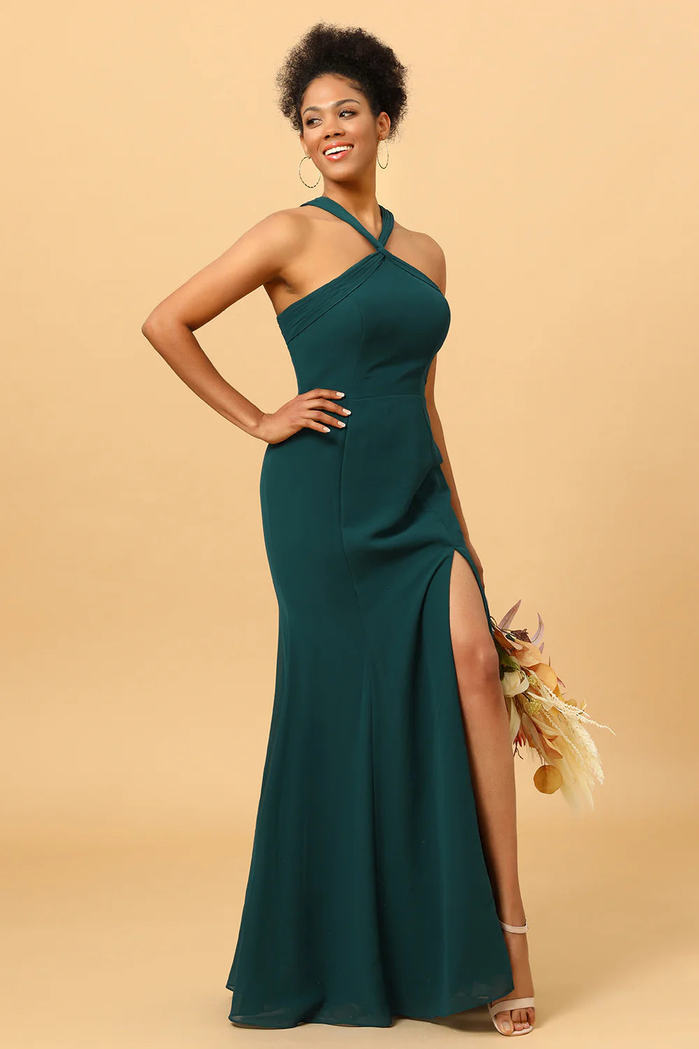 Mermaid suspender chiffon long bridal dress with side slit