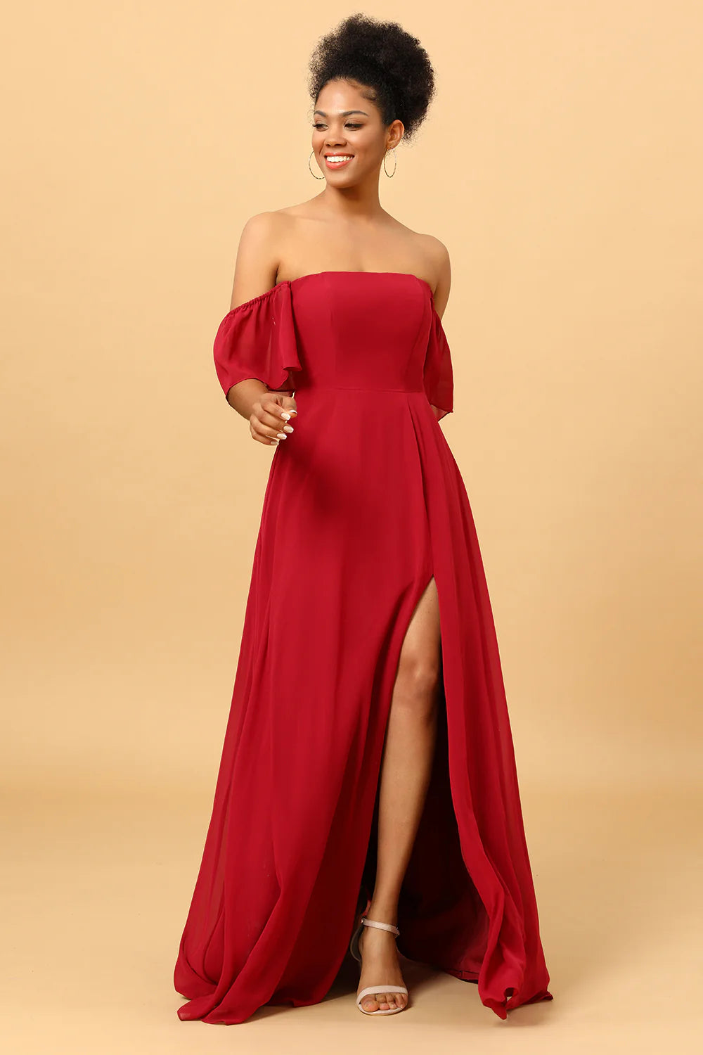 Off shoulder chiffon long bridesmaid dress with slit