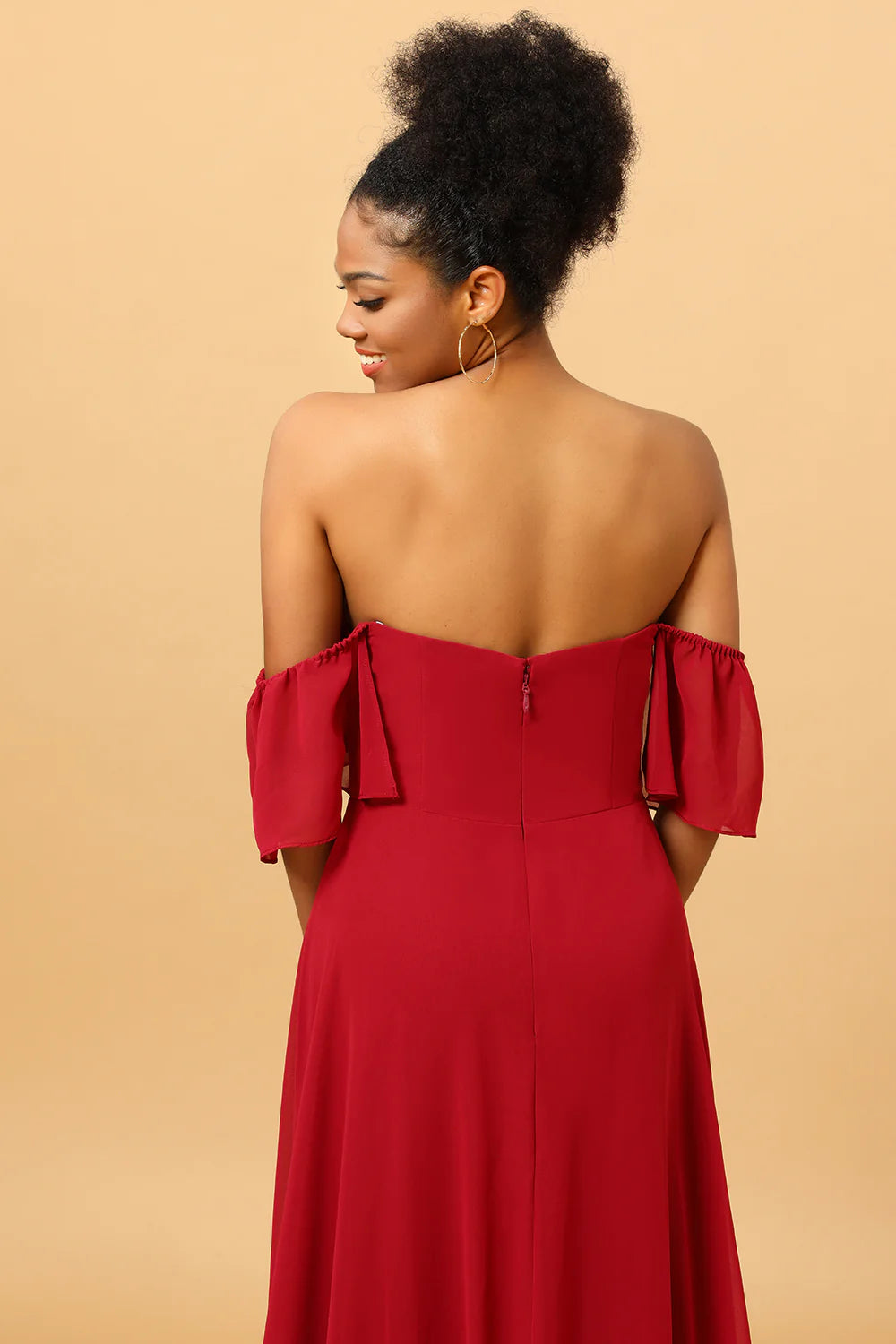 Off shoulder chiffon long bridesmaid dress with slit