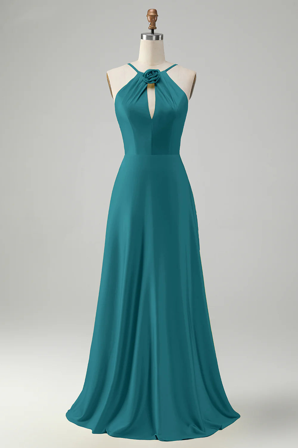 A-line hanging neck backless pleated long bridesmaid floral dress