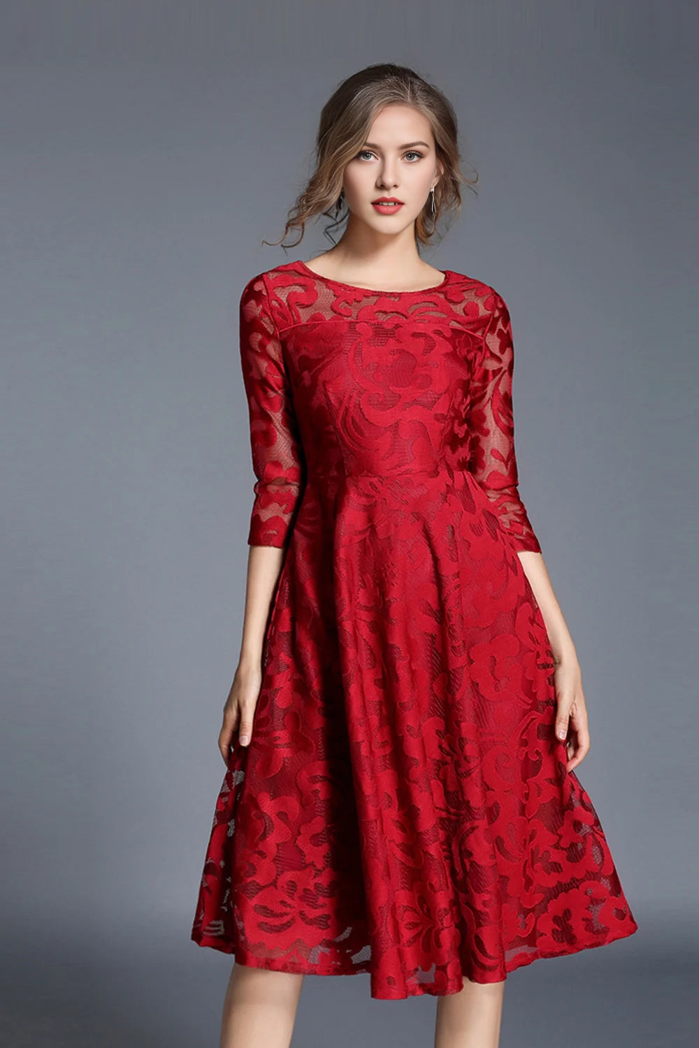 Peacock A Line Round Neck Midi Mother Of The Bride Dress with Half Sleeves