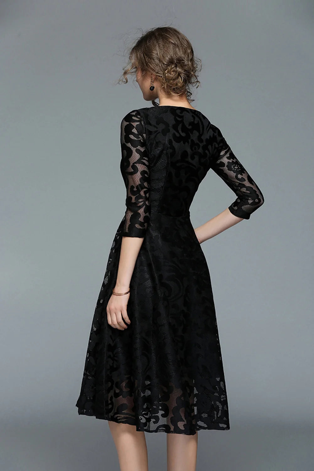 Peacock A Line Round Neck Midi Mother Of The Bride Dress with Half Sleeves