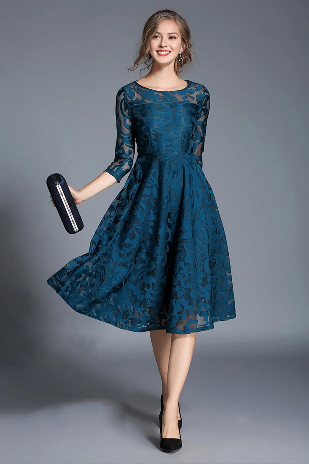 Peacock A Line Round Neck Midi Mother Of The Bride Dress with Half Sleeves