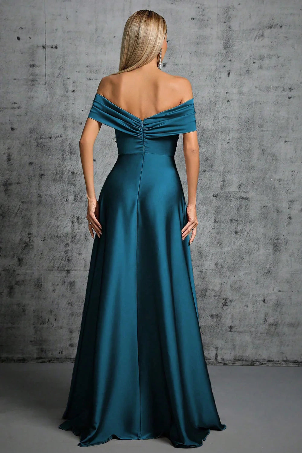Peacock Blue Satin Off The Shoulder Pleated Formal Dress