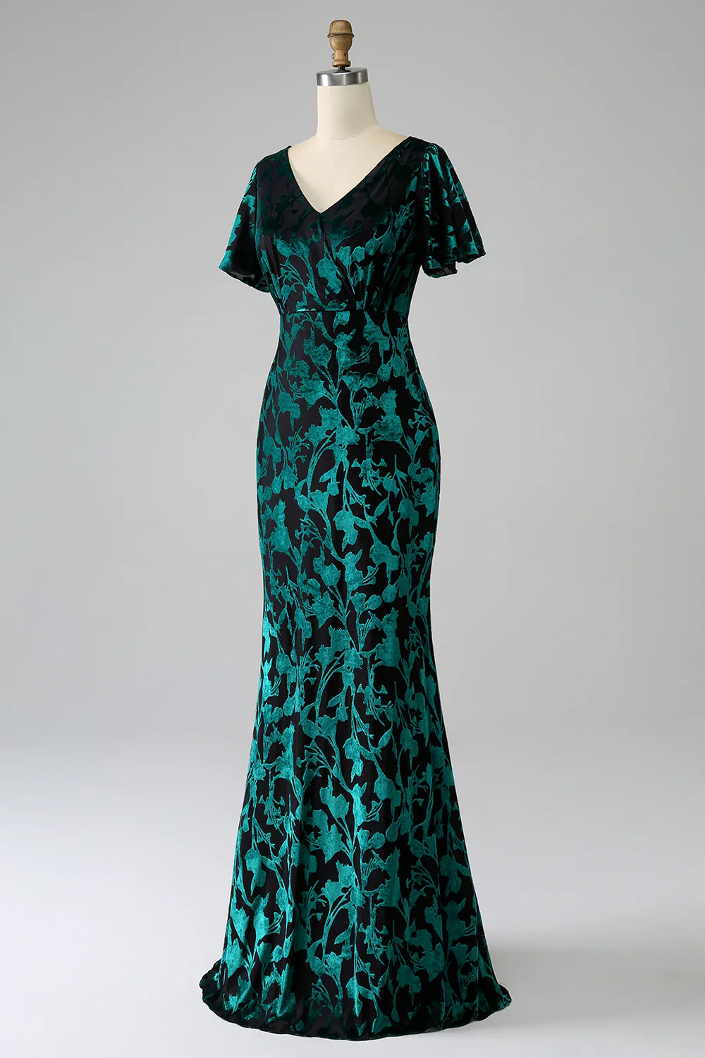 Peacock Green Mermaid V Neck Burnout Velvet Floor Length Dress With Short Sleeves