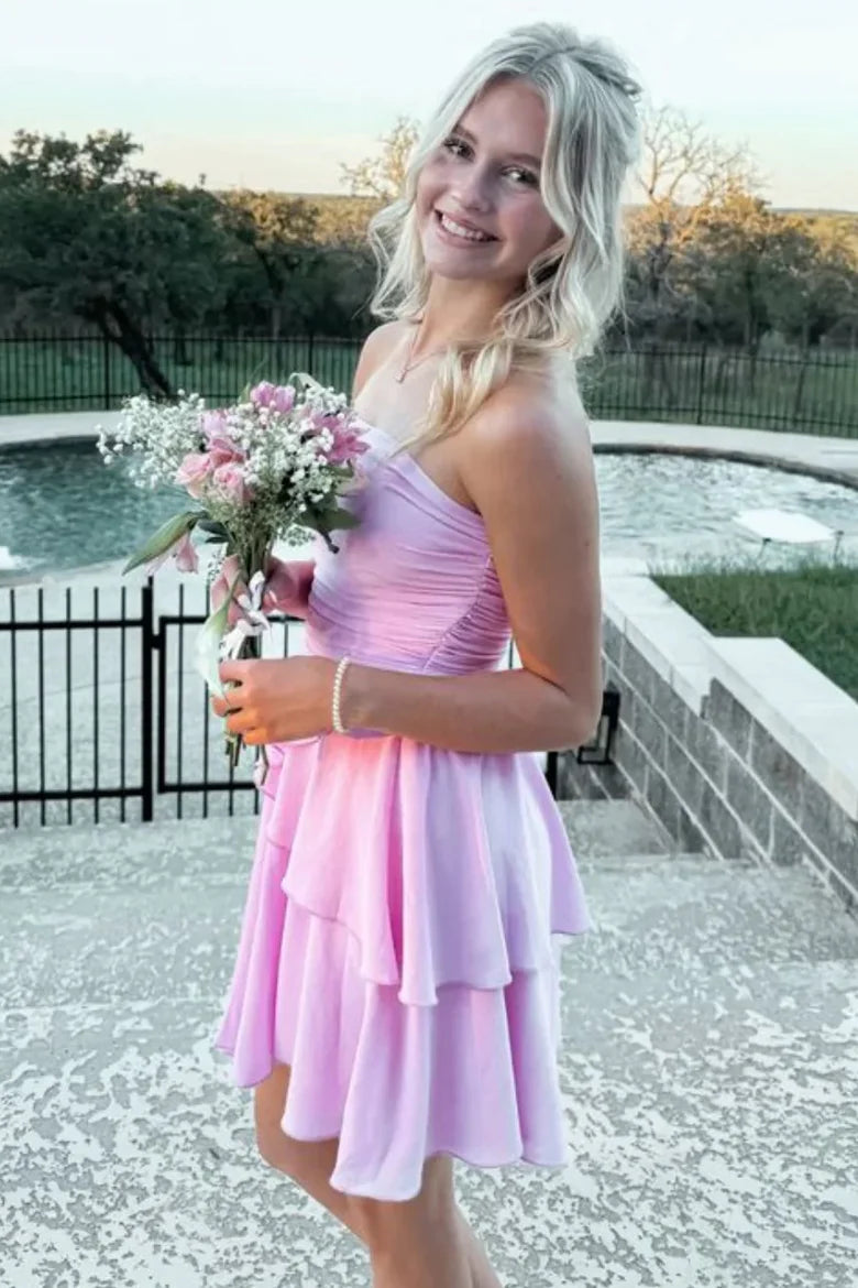 Pink A-Line Strapless Empire-Waist Layered Sleeveless Homecoming Dress