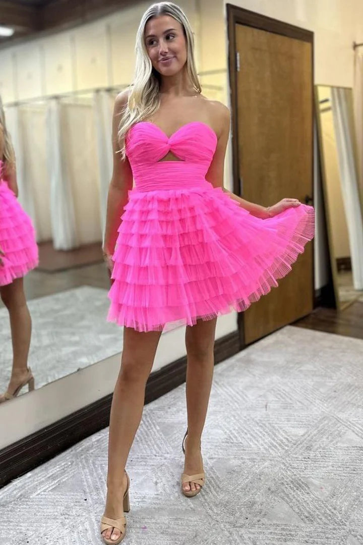 Pink A-Line Strapless Keyhole Ruffles Tulle Short Homecoming Dress