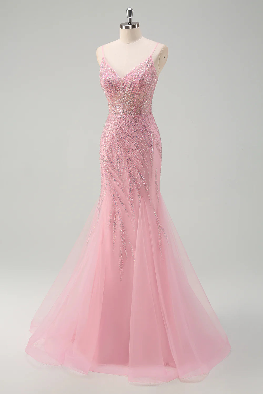 Pink Mermaid Spaghetti Straps Corset Long Prom Dress With Sequins