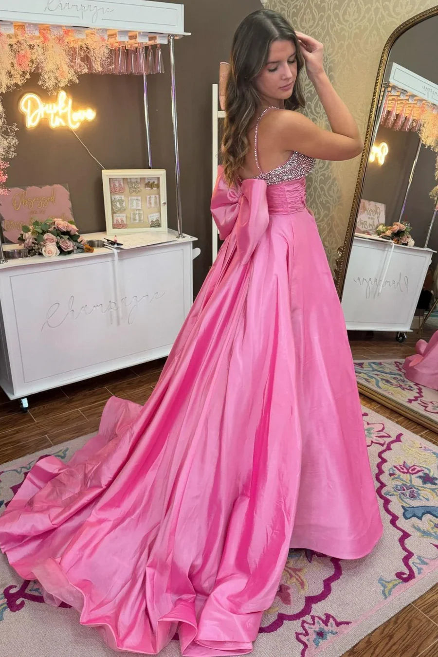 Pink Spaghetti Straps Beads Empire-Waist Pleated Formal Prom Dress with Bow