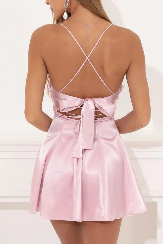 Pink Spaghetti Straps Scoop Pleats Satin Short Cocktail Homecoming Dress