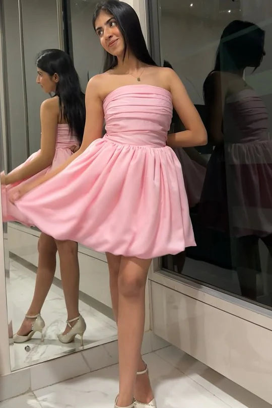 Pink A-Line Strapless Scoop Pleated Sleeveless Short Party Homecoming Dress