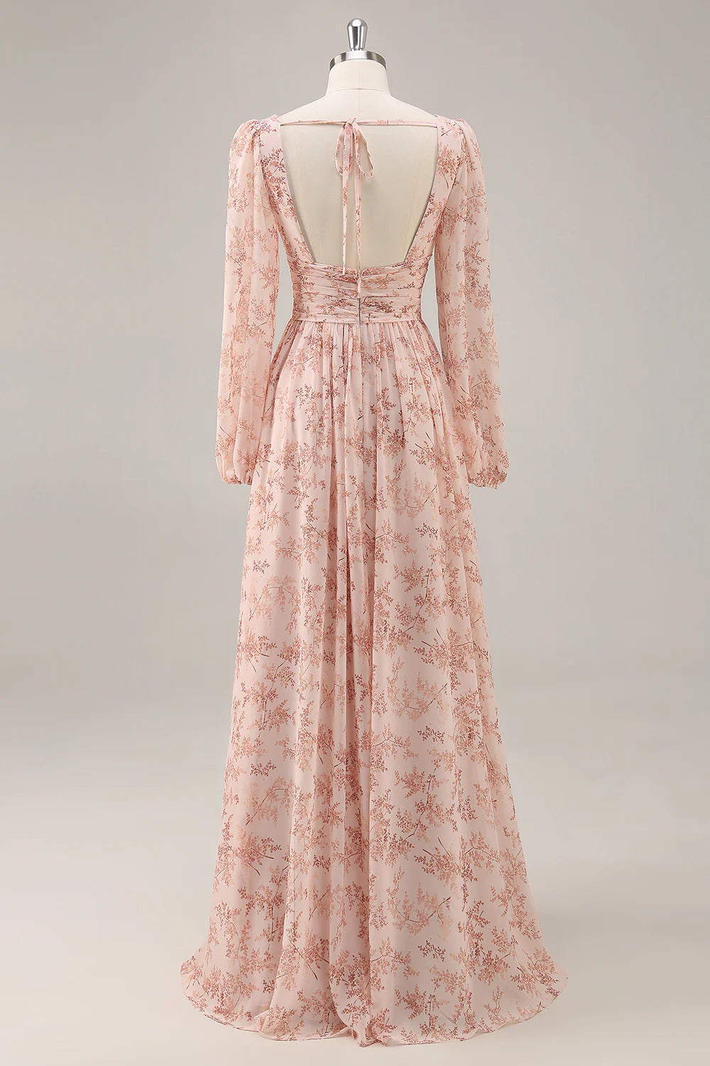 Pink flower A-line V-neck backless long dress dress with slit