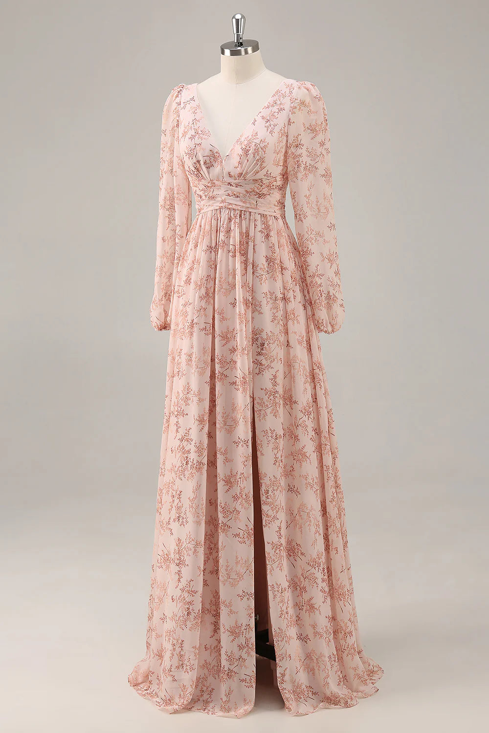 Pink flower A-line V-neck backless long dress dress with slit