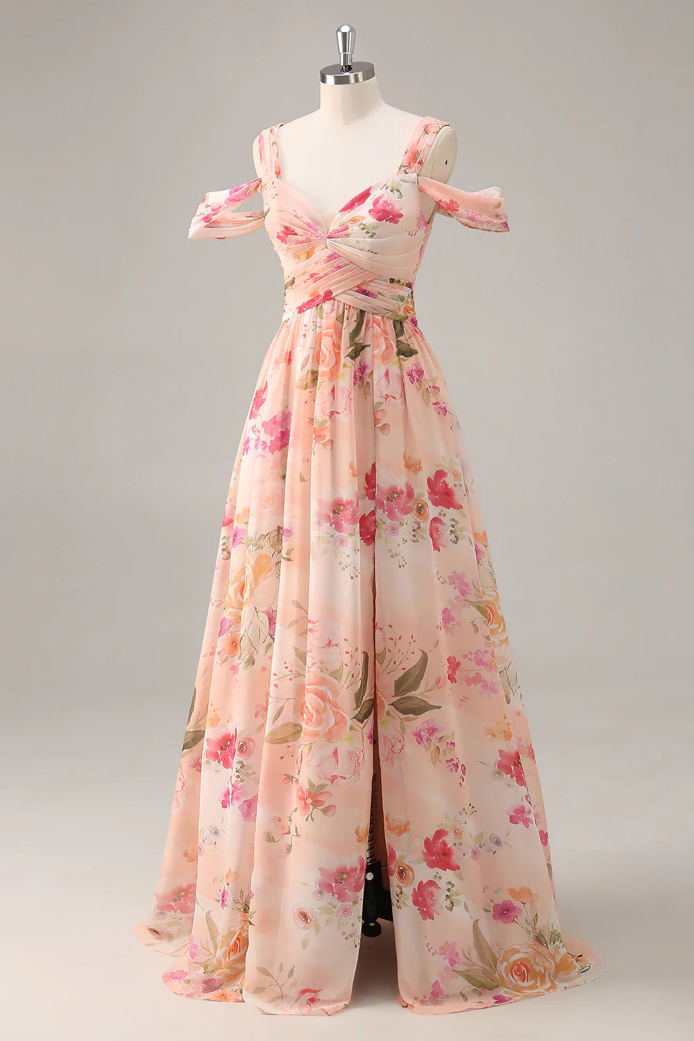Pink flower A-line cold shoulder long dress with slit
