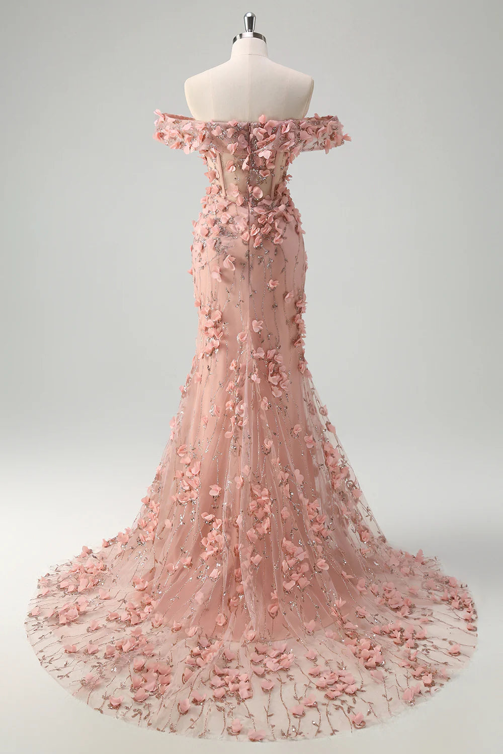 Powder blusher mermaid off shoulder corset slit dress with 3D flowers