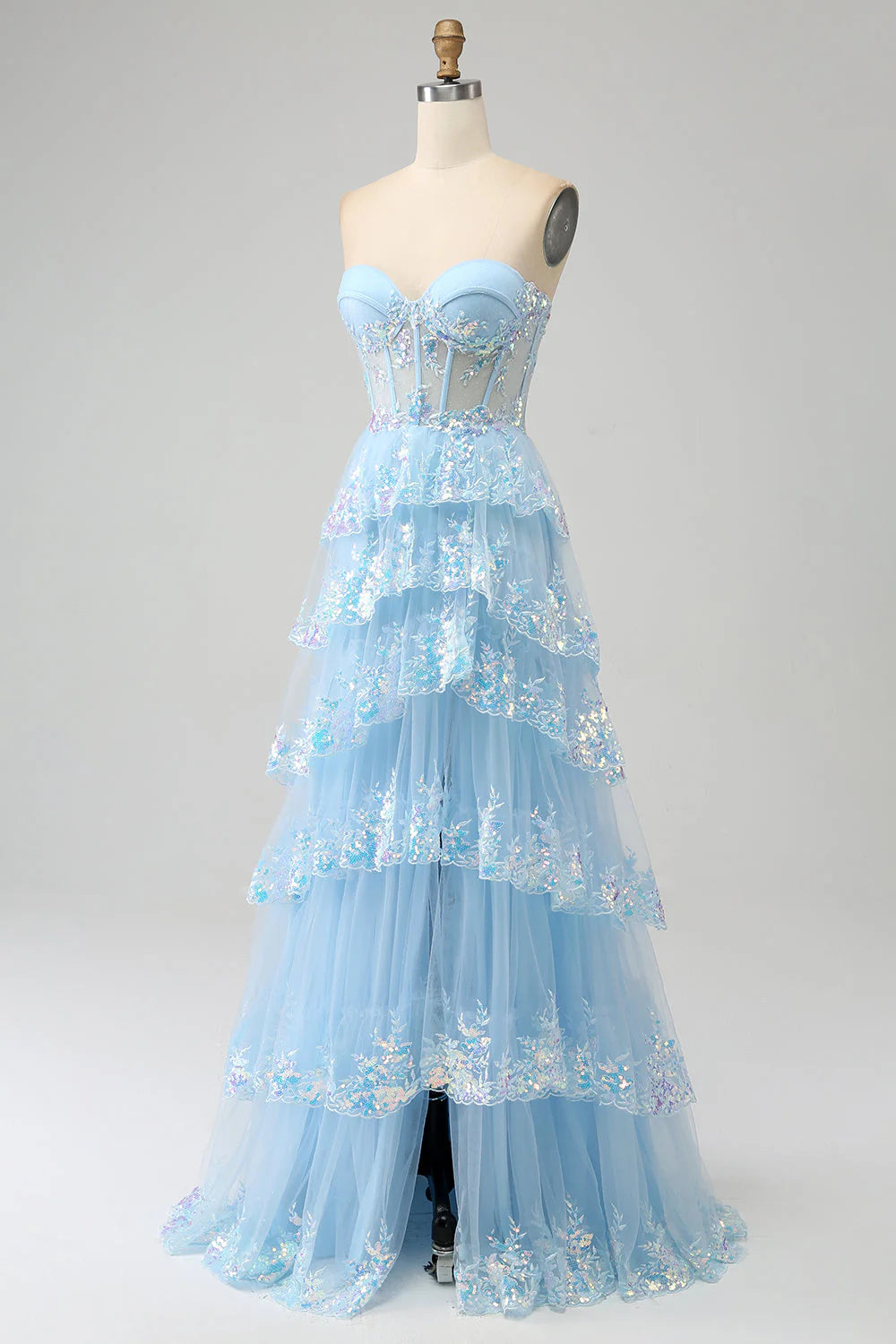 Princess A-line sweetheart layered sequined chiffon ball dress with slit