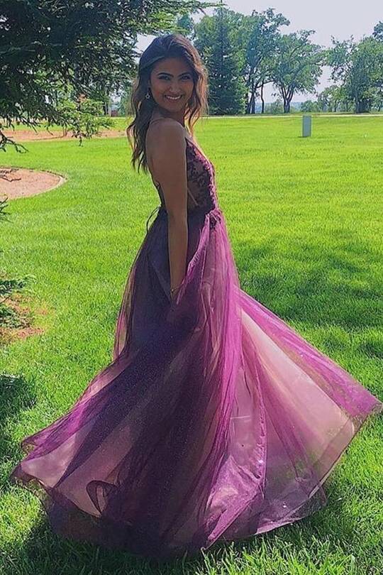 Purple A-line Tulle and Appliques Long Formal Dress