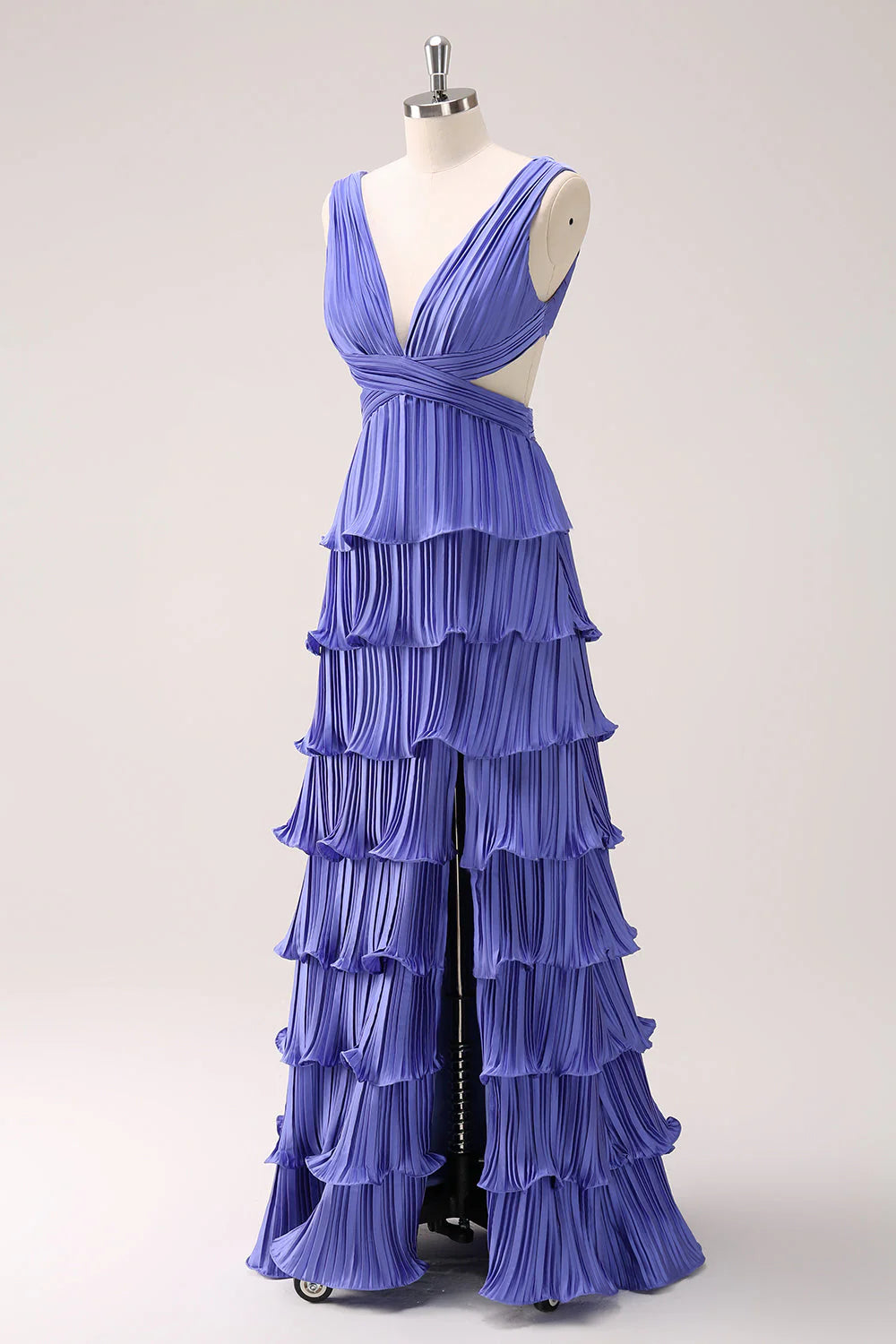 Purple A Line Deep V Neck Tiered Chiffon Long Bridesmaid Dress with Slit