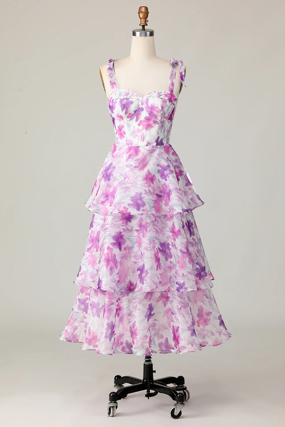 Purple Flower A Line Tiered Printed Wedding Guest Dress