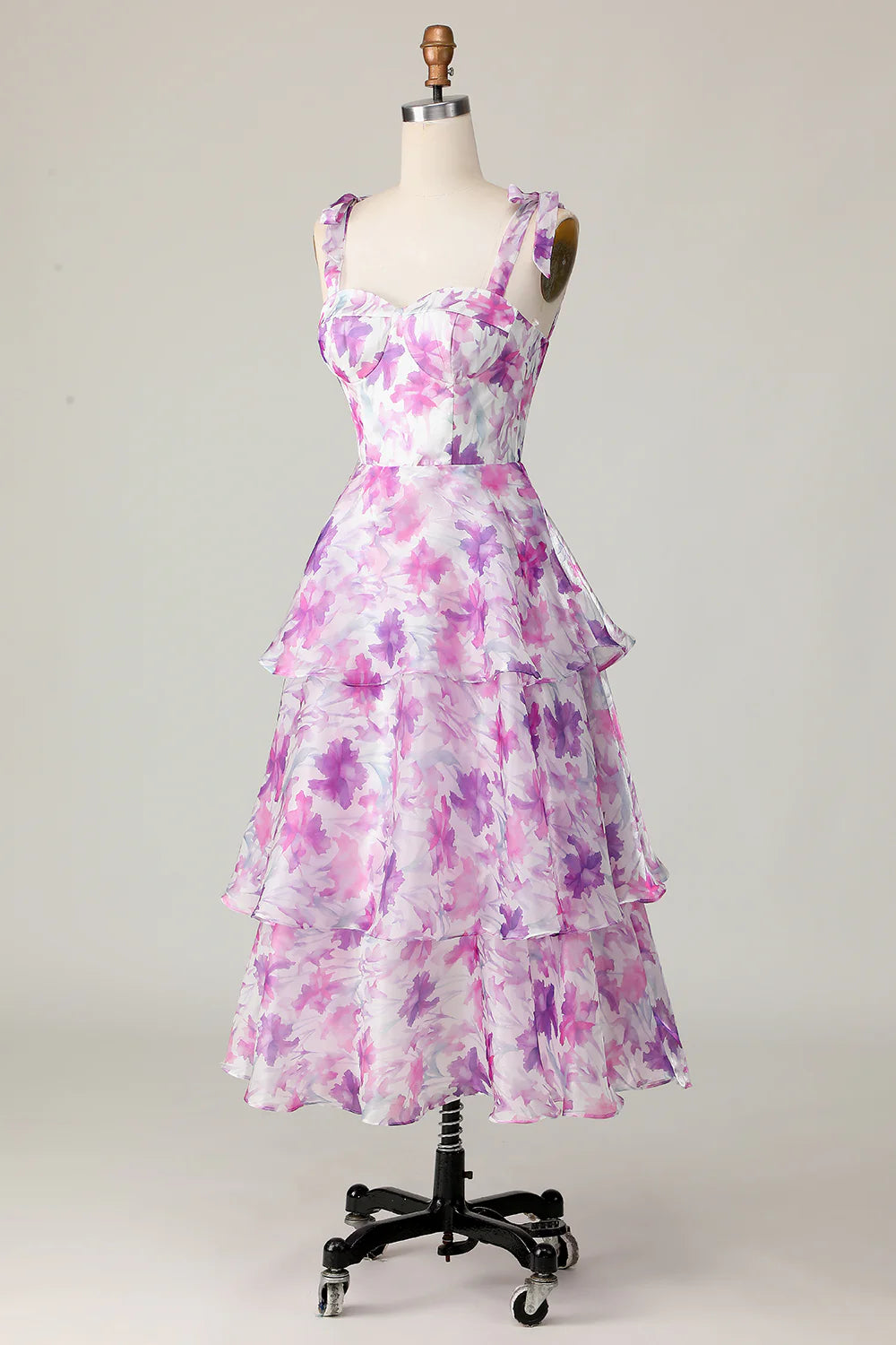 Purple Flower A Line Tiered Printed Wedding Guest Dress