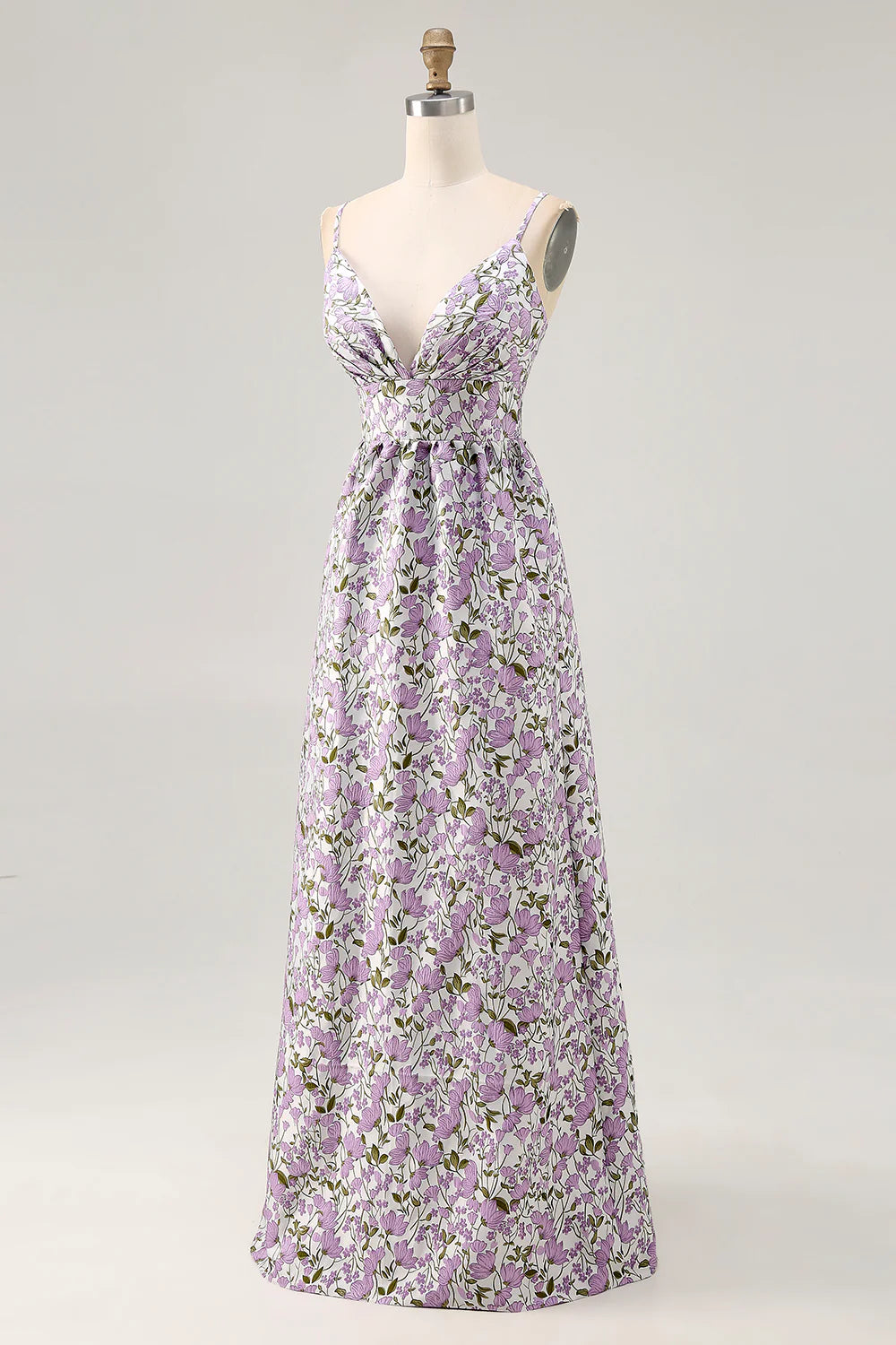 Purple Flower V Neck Spaghetti Straps A-Line Floor Length Dress