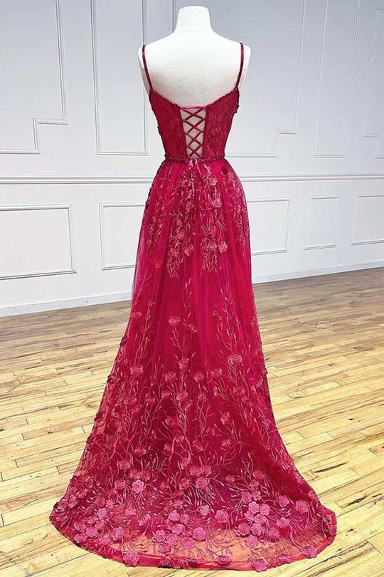 Red Floral Lace V-Neck Lace-Up A-Line Prom Dress