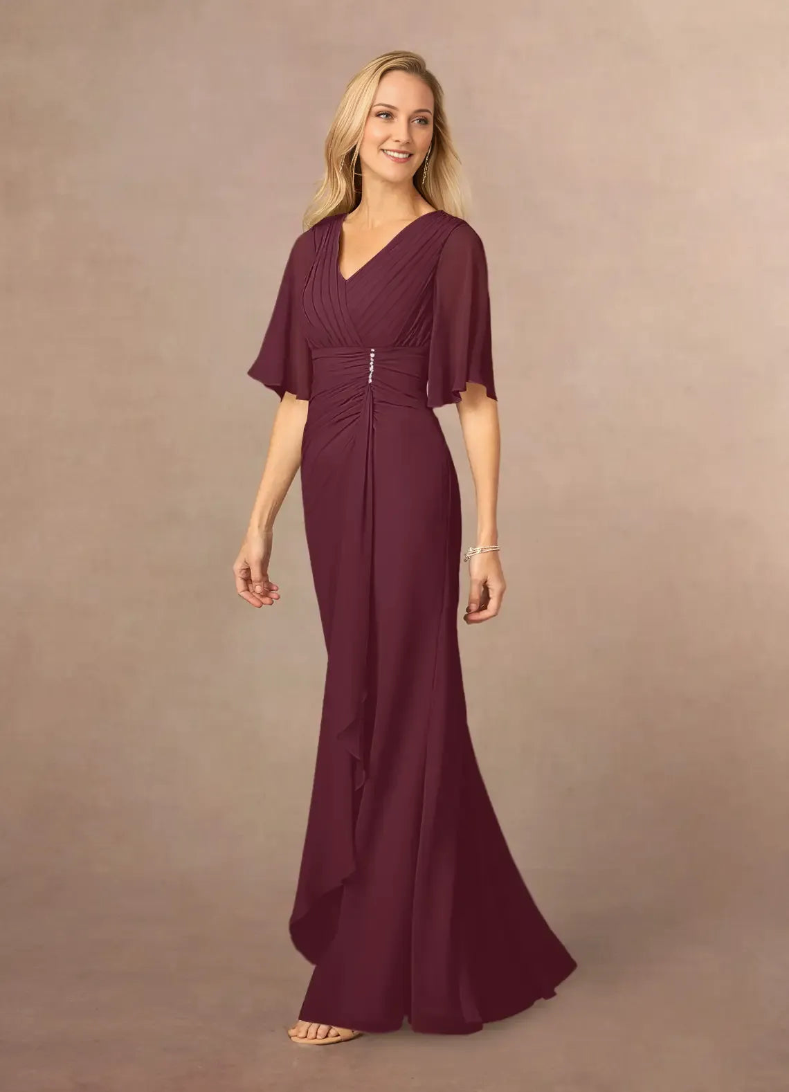 Romantic A-Line V-Neck Lace Flutter Sleeve Back Zip Floor-Length Mother of the Bride Dress for ladies for mother of the bride
