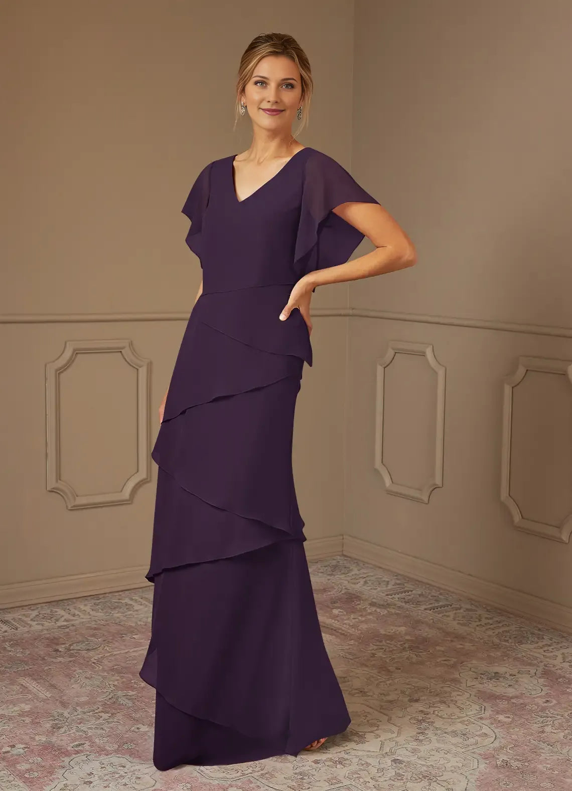 Romantic A-Line V-Neck Two-Piece Flutter Sleeve Back Zip Floor-Length Mother of the Bride Dress for ladies for sale