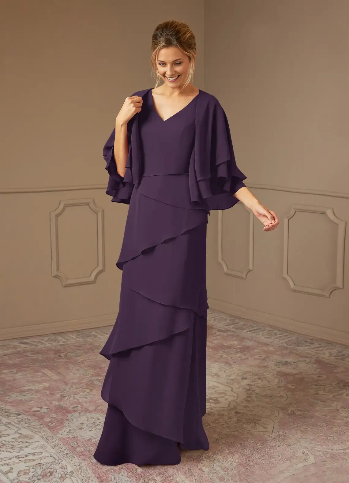Romantic A-Line V-Neck Two-Piece Flutter Sleeve Back Zip Floor-Length Mother of the Bride Dress for ladies for sale