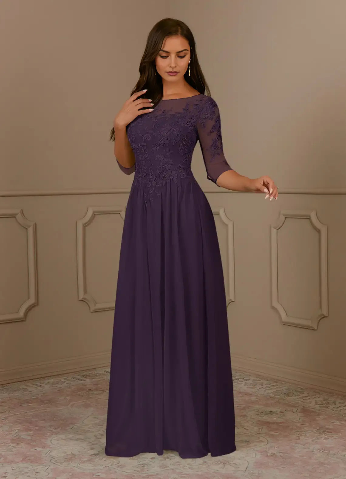 Romantic A-Line lace Scoop Neck Three-Quarter Sleeve Illusion Backless zipper Floor-Length Mother of the Bride Dress hot sale