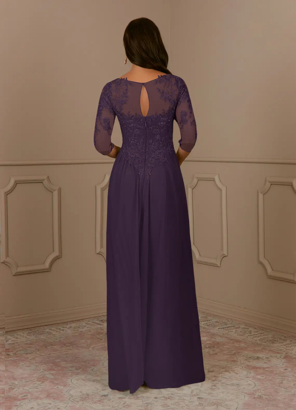 Romantic A-Line lace Scoop Neck Three-Quarter Sleeve Illusion Backless zipper Floor-Length Mother of the Bride Dress hot sale