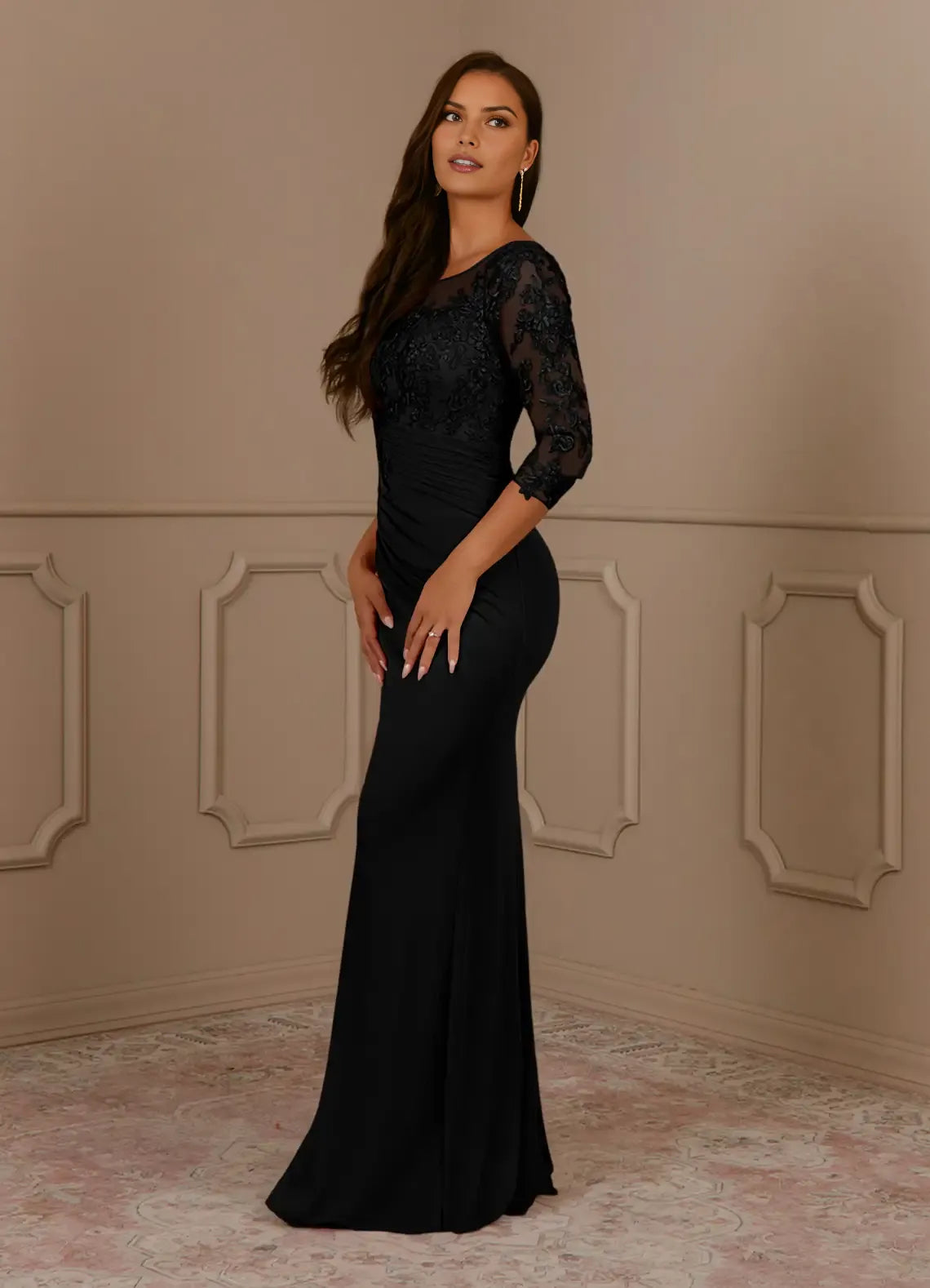 Romantic Black Mermaid Scoop Neck Lace Three-Quarter Sleeve Illusion Back Zip Floor-Length Mother of the Bride Dress hot sale