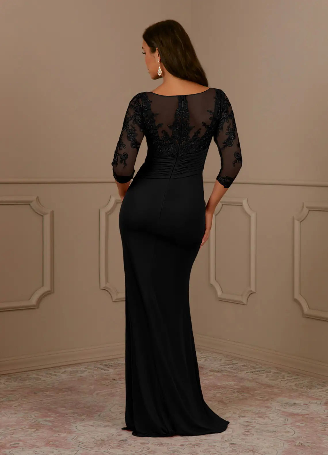 Romantic Black Mermaid Scoop Neck Lace Three-Quarter Sleeve Illusion Back Zip Floor-Length Mother of the Bride Dress hot sale