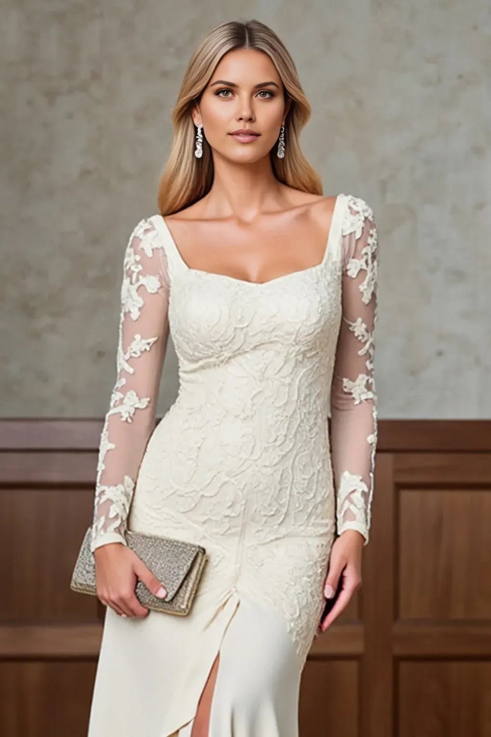 Romantic Champagne Mermaid Square Neck Lace Sleeve Back Zip Ankle-Length Mother of the Bride Dress with Slit