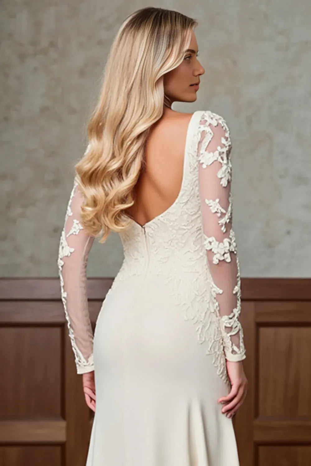 Romantic Champagne Mermaid Square Neck Lace Sleeve Back Zip Ankle-Length Mother of the Bride Dress with Slit
