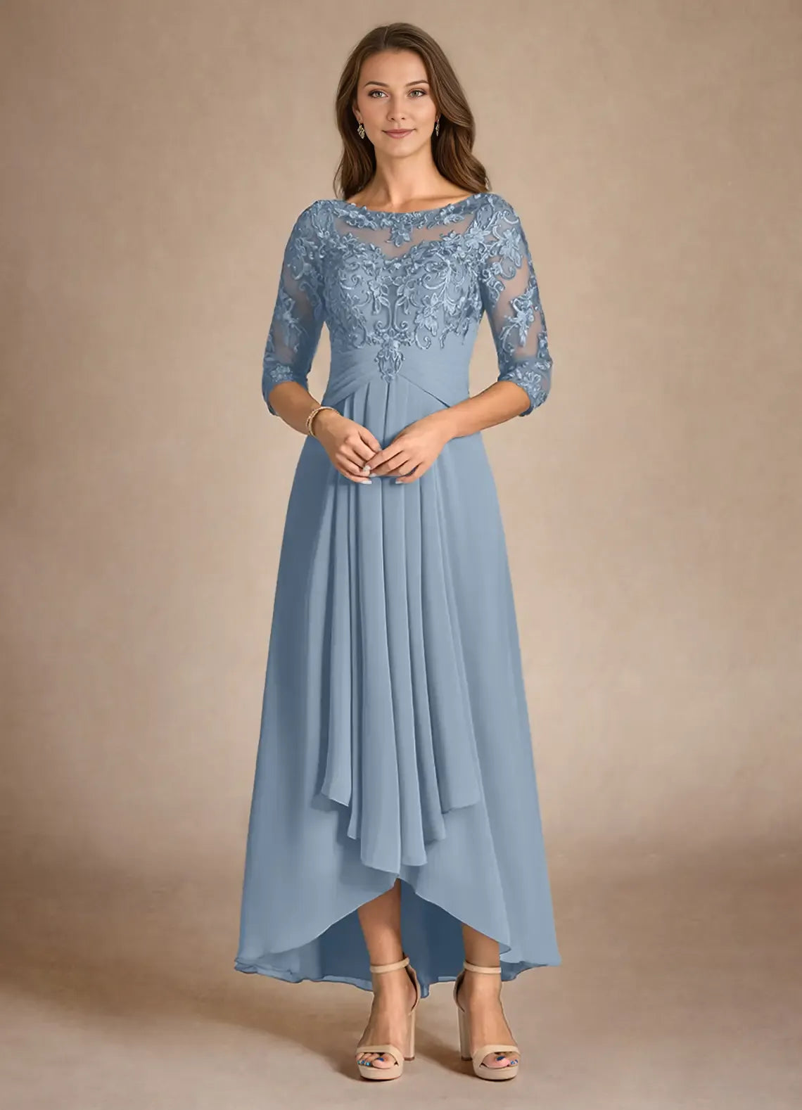 Romantic Dusty Blue A-Line Lace Scoop Neck Three-Quarter Sleeve Back Zip Asymmetrical Mother of the Bride Dress for women hot sale