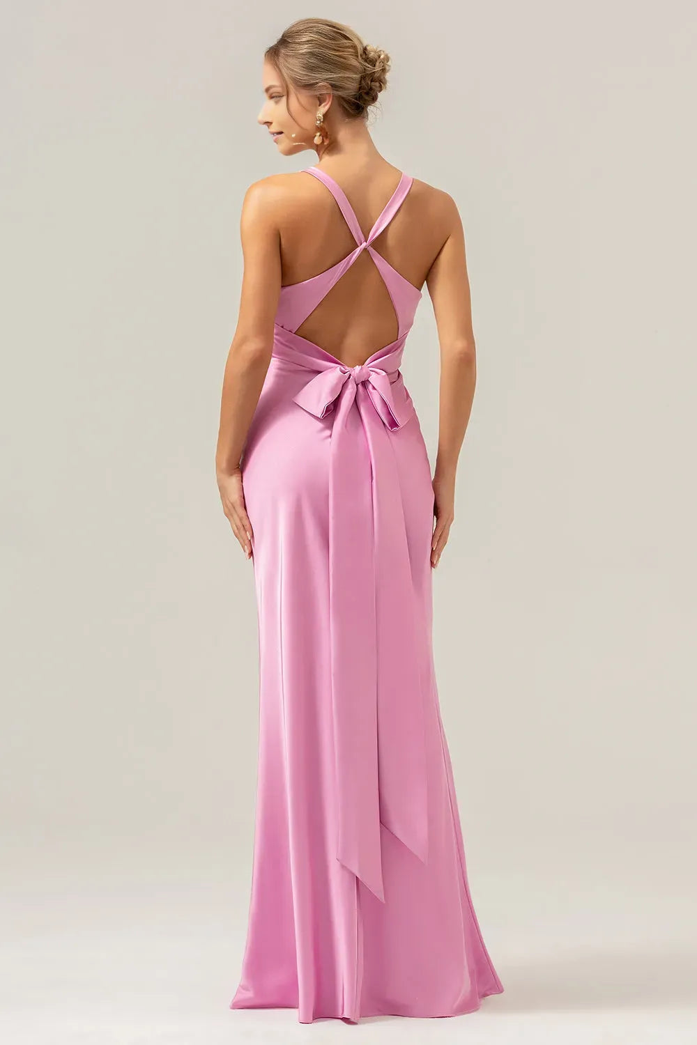 Romantic Pink Mermaid Ruched Sleeveless Bow Floor-Length Prom Dresses with Lace Up Back