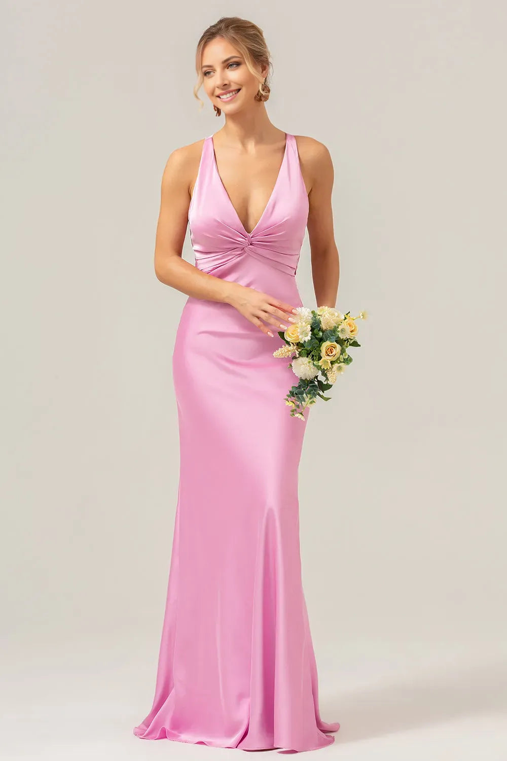 Romantic Pink Mermaid Ruched Sleeveless Bow Floor-Length Prom Dresses with Lace Up Back
