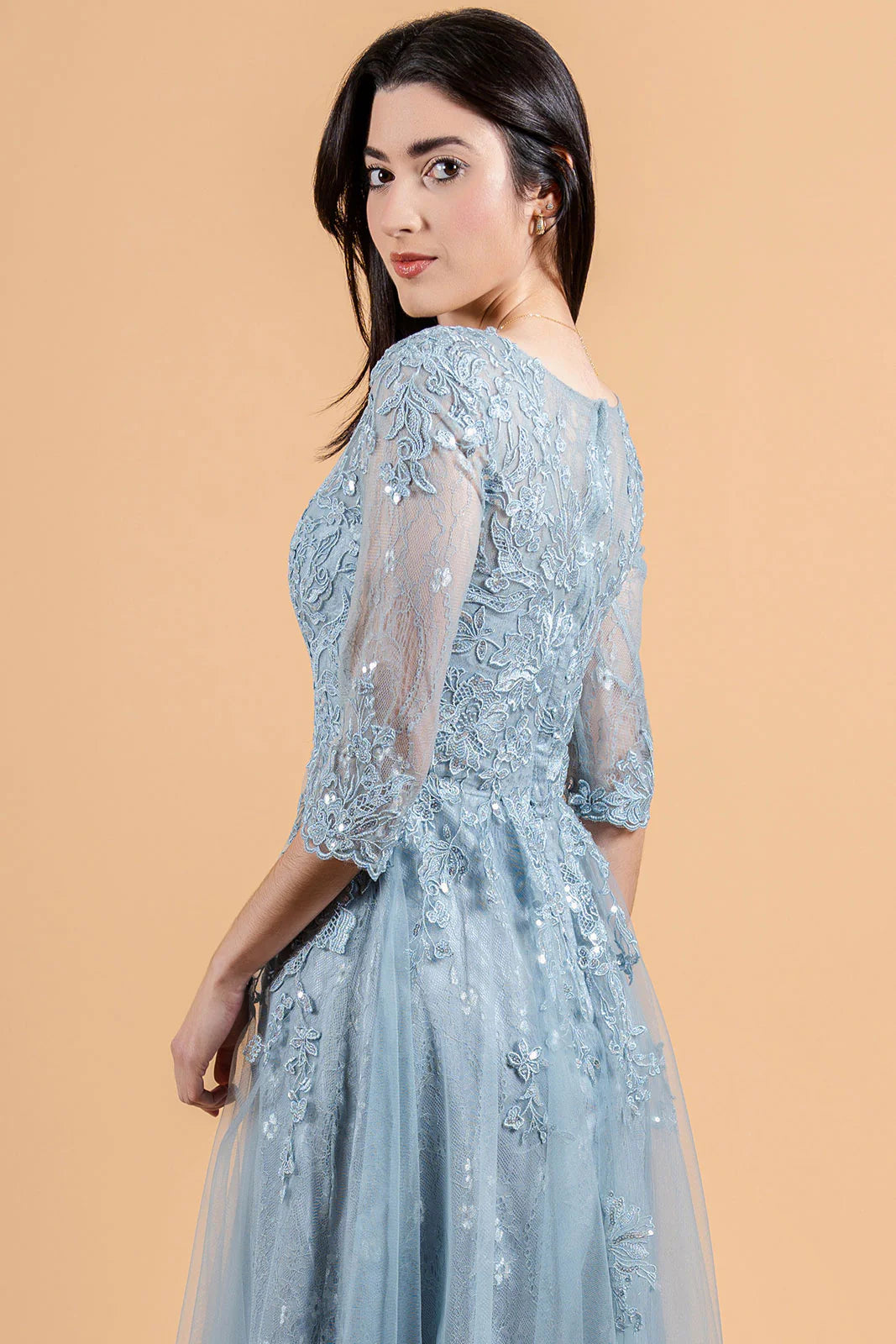 Round neck lace 3/4 sleeves A-line dress for brides and mothers