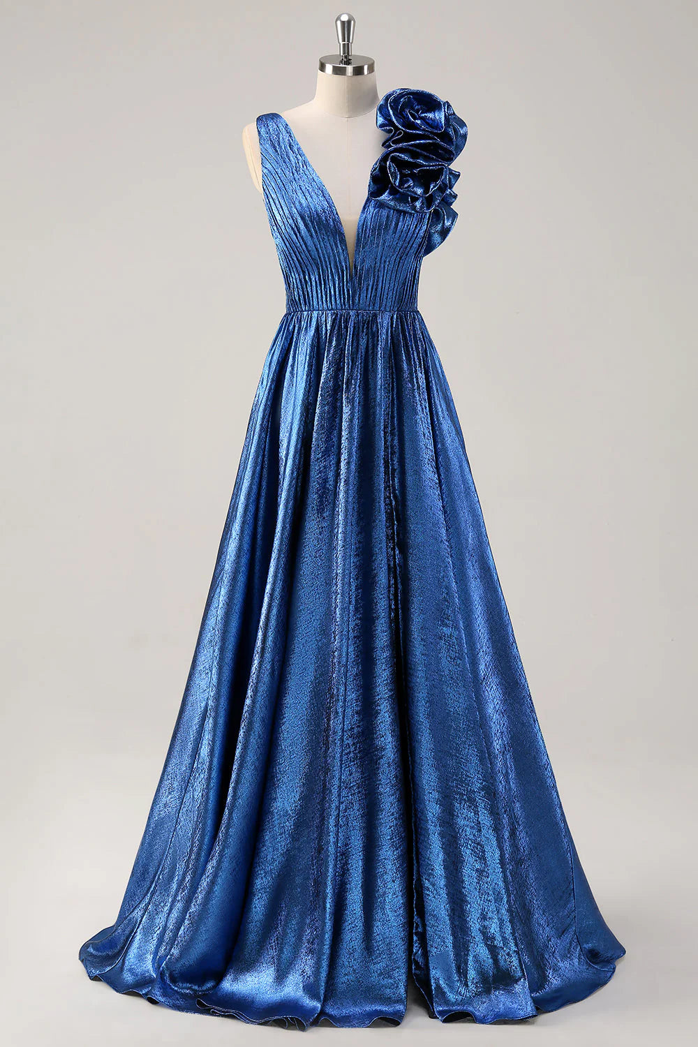 Royal Blue A-line Deep V-neck Metal Ball Dress with Flower Details on Shoulders
