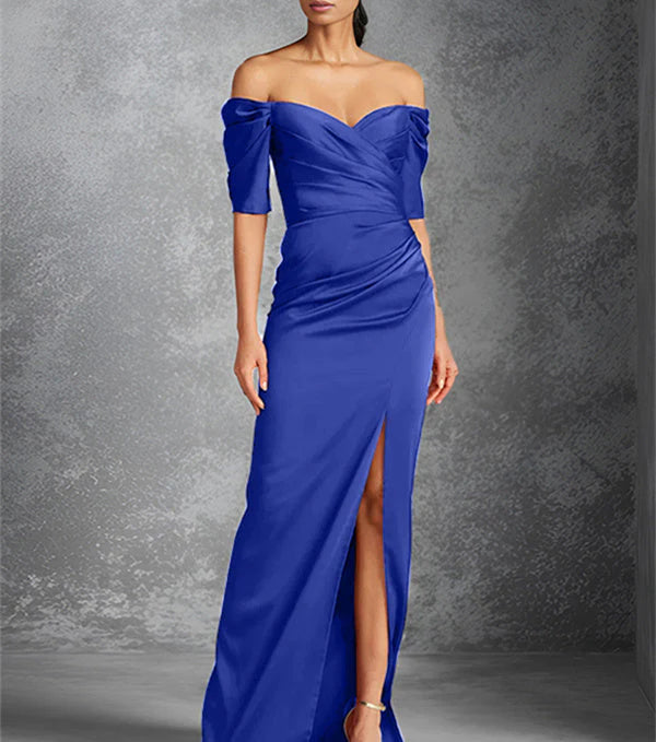Tight off shoulder short sleeved floor standing bridal dress with front slit