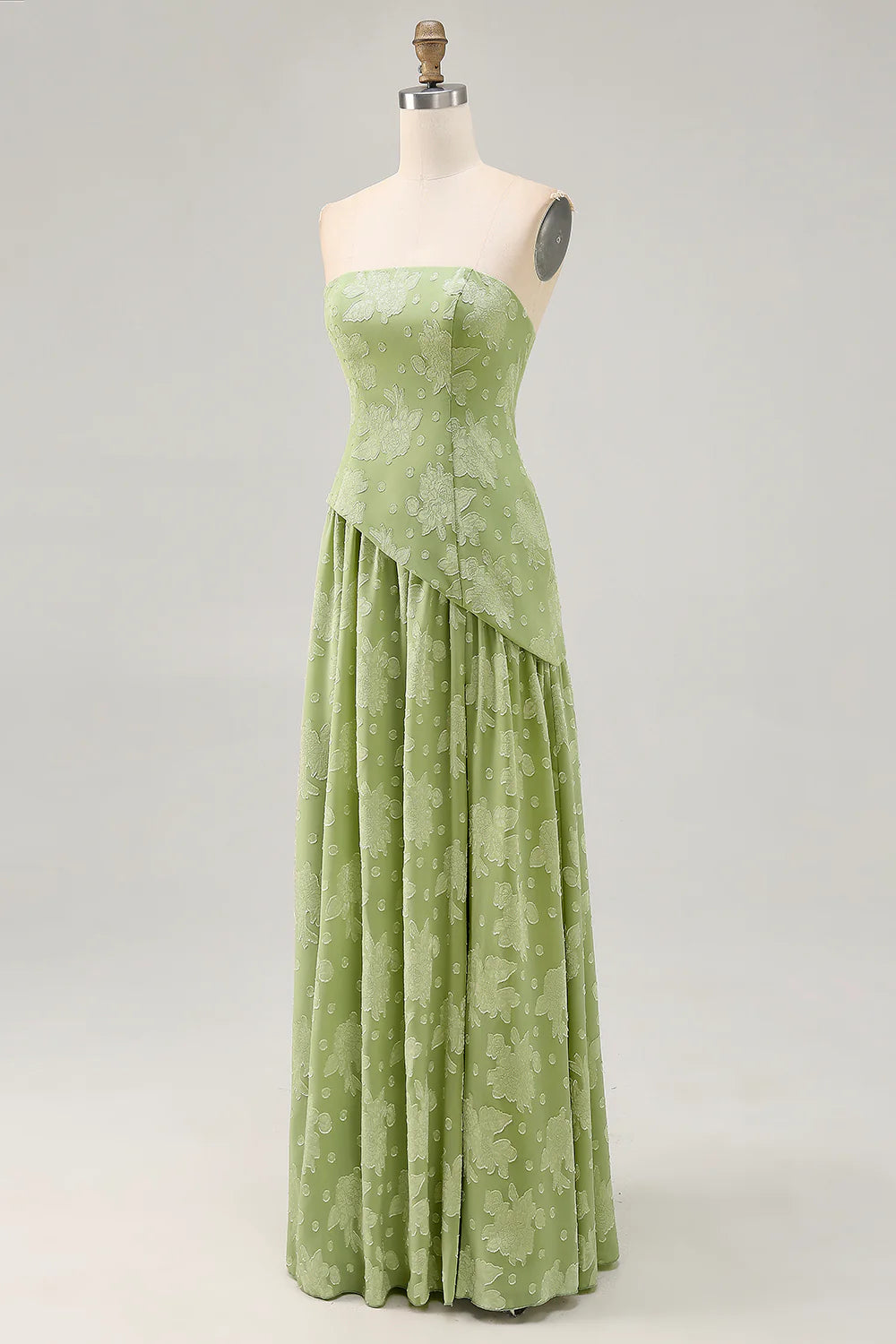 Sage Green A-Line Strapless Floral Long Bridesmaid Dress