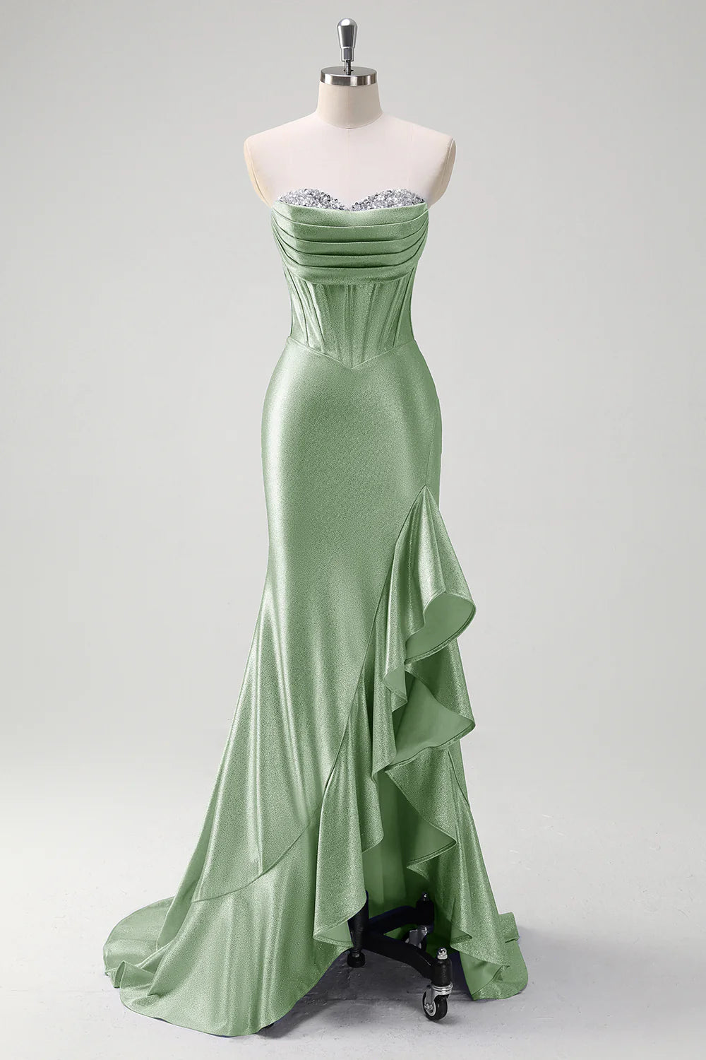Sparkly Mermaid Strapless Corset Sequin Long Prom Dress with Ruffle Slit
