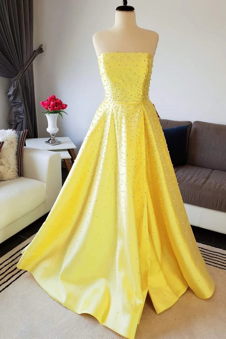 Satin bead strapless A-line ball gown