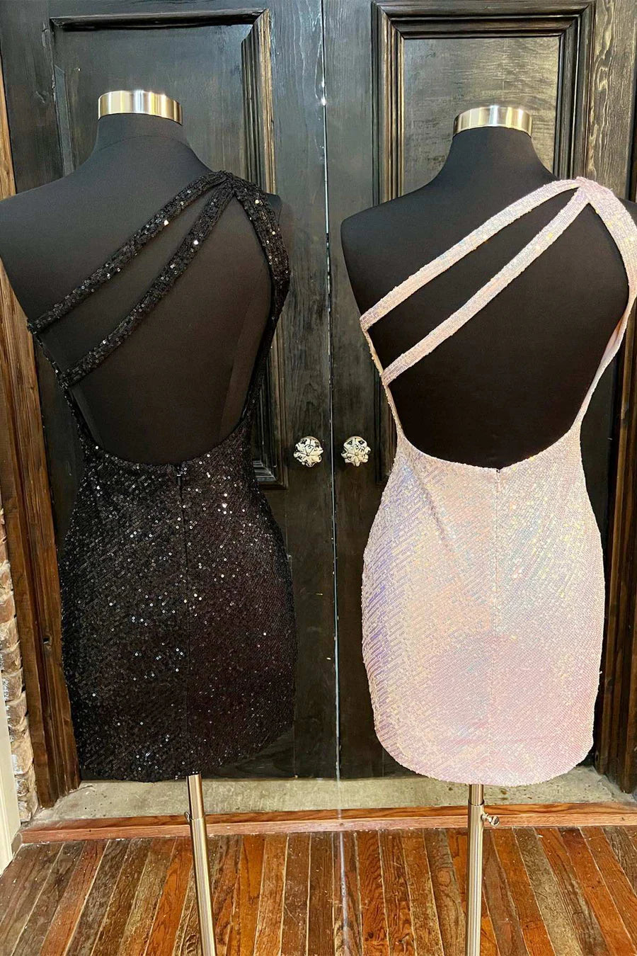 Sequin One-Shoulder Fitted Party Dress with Keyhole