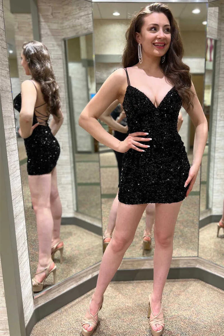 Sequin Spaghetti Straps Lace-Up Bodycon Homecoming Dress
