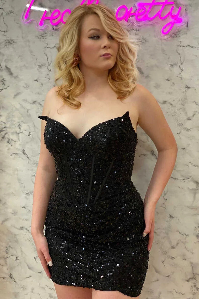 Sequin Strapless Tight Mini Homecoming Gown