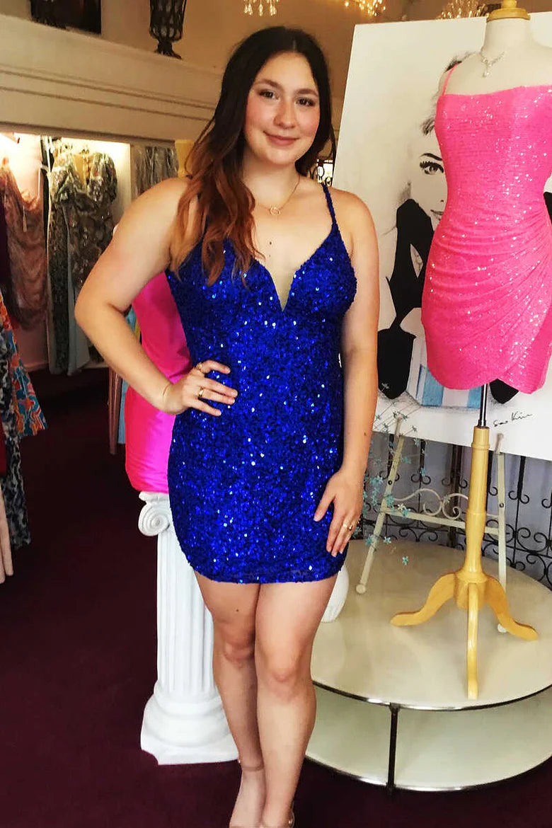 Sequin V-Neck Cutout Back Bodycon Short Dress