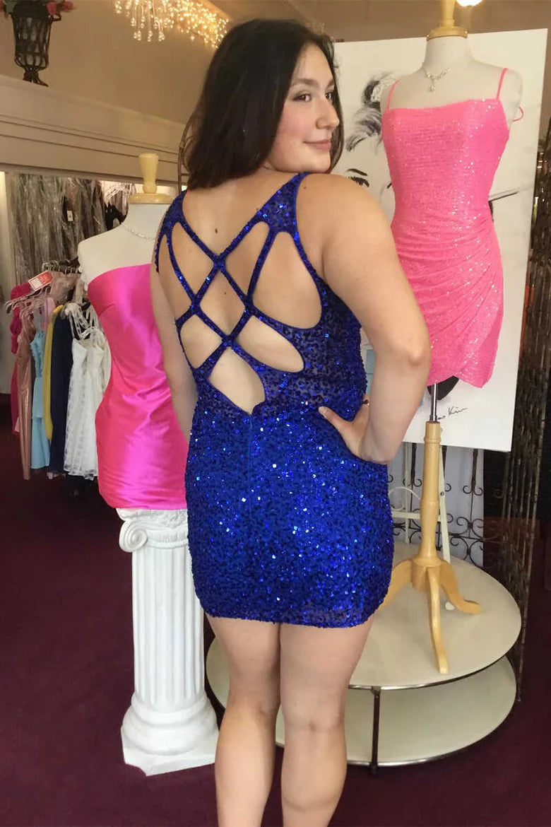 Sequin V-Neck Cutout Back Bodycon Short Dress