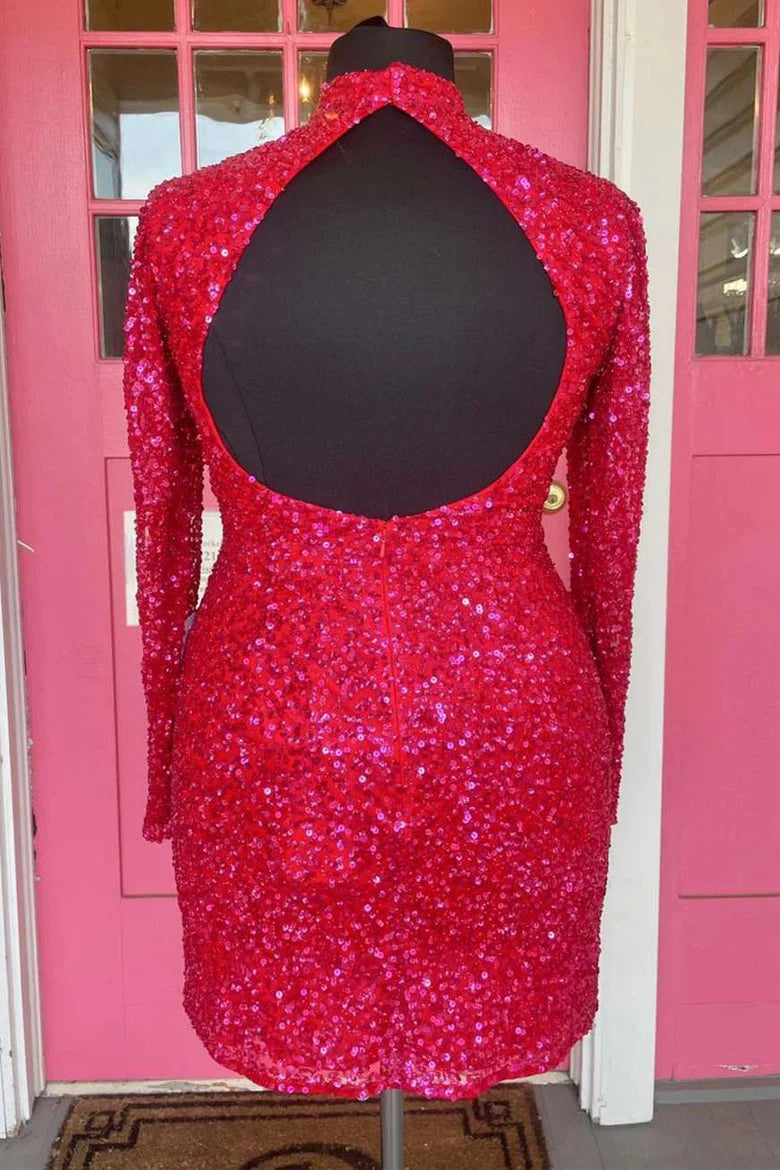 Sequined long sleeved backless mini back to school dress